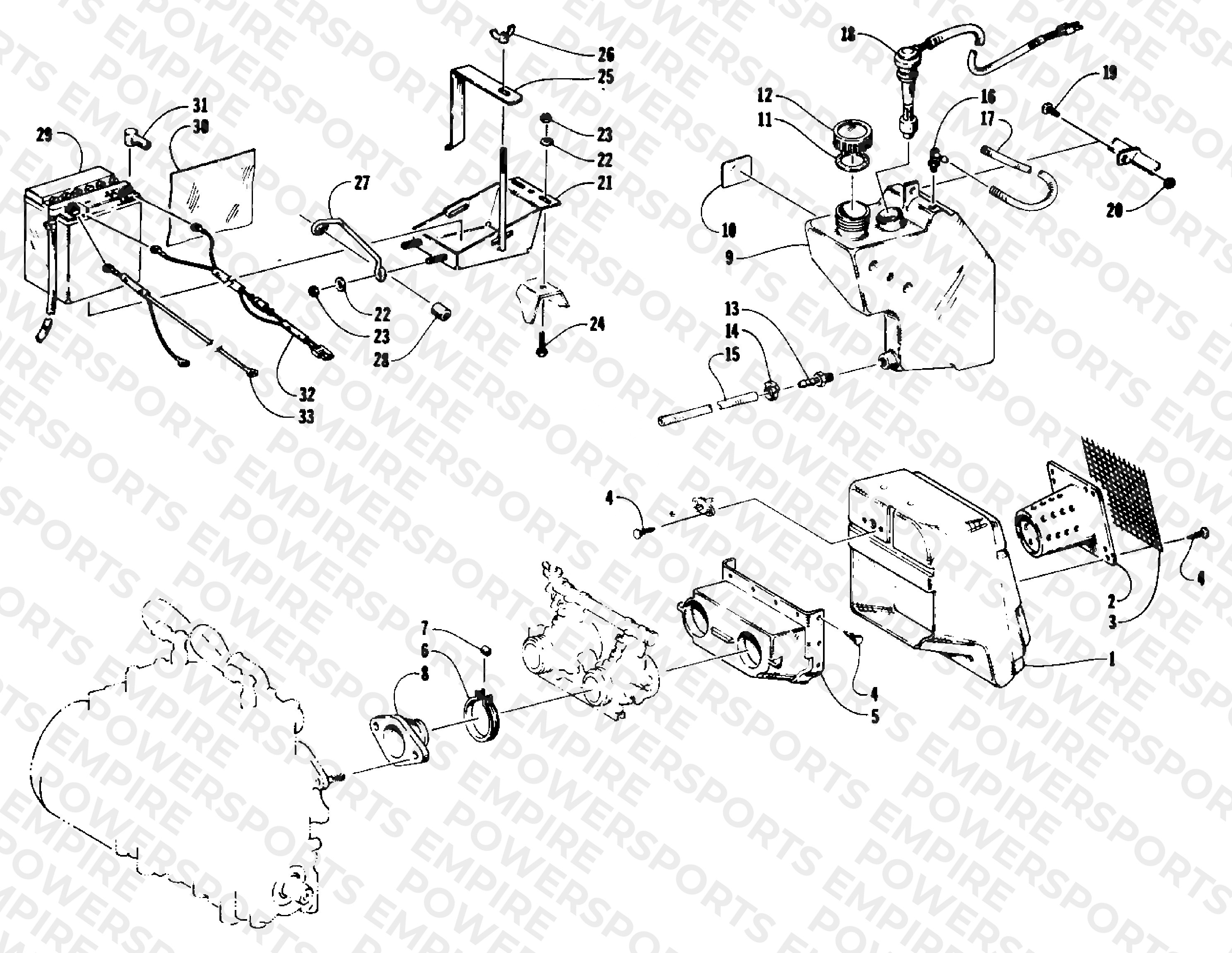 AIR SILENCER, BATTERY, AND OIL TANK