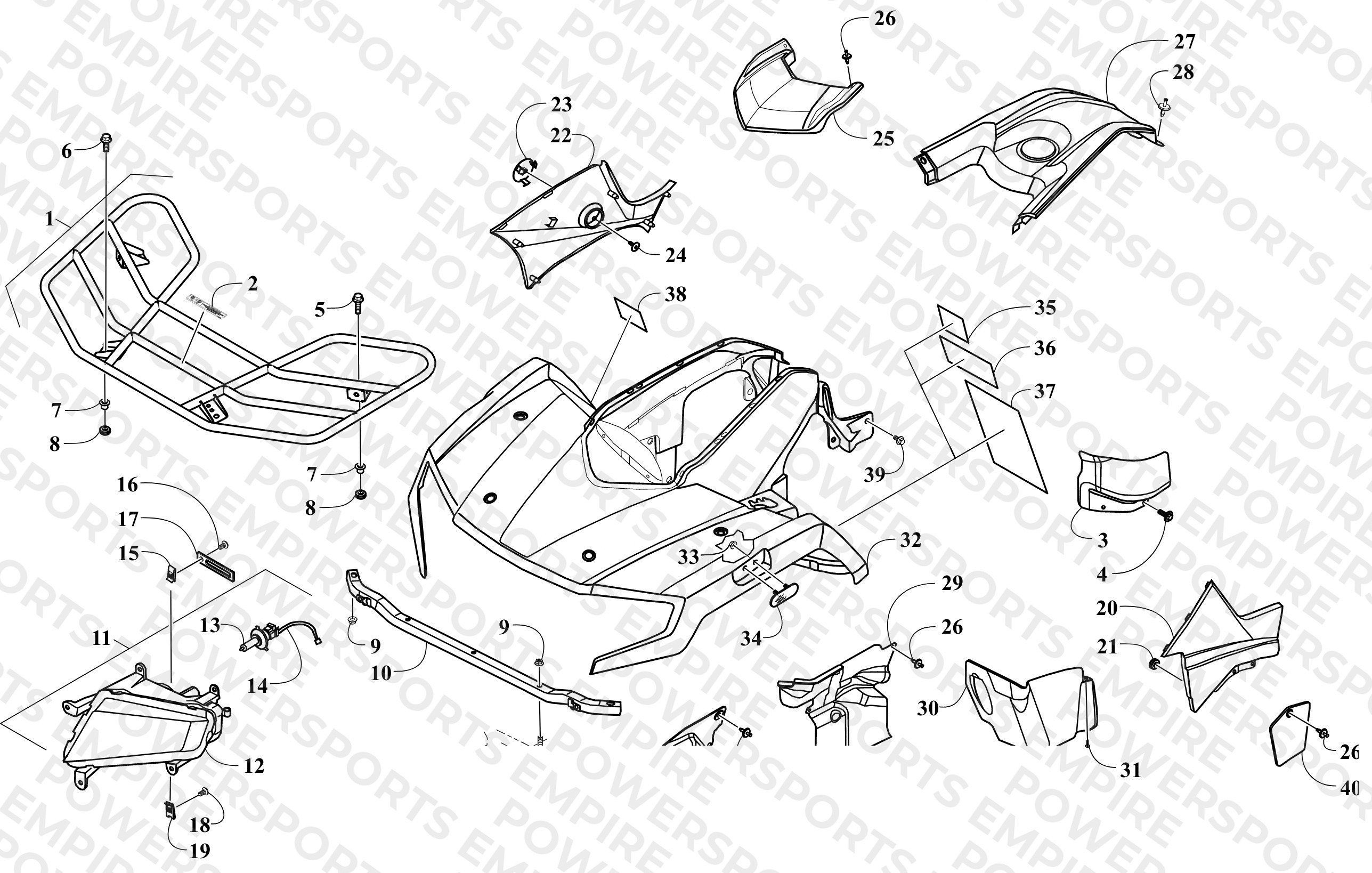 FRONT BODY, RACK, AND HEADLIGHT ASSEMBLY