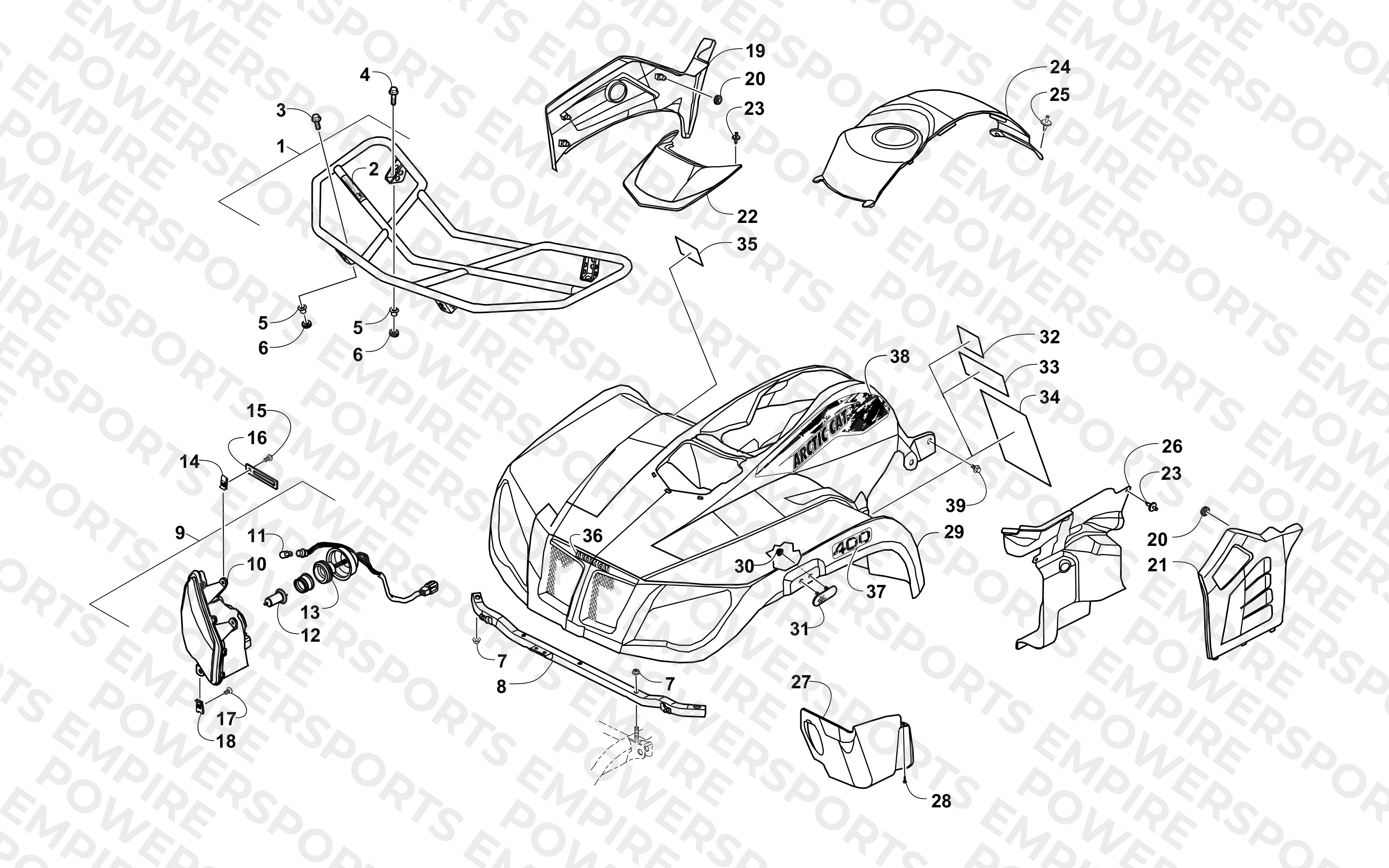 FRONT BODY, RACK, AND HEADLIGHT ASSEMBLY