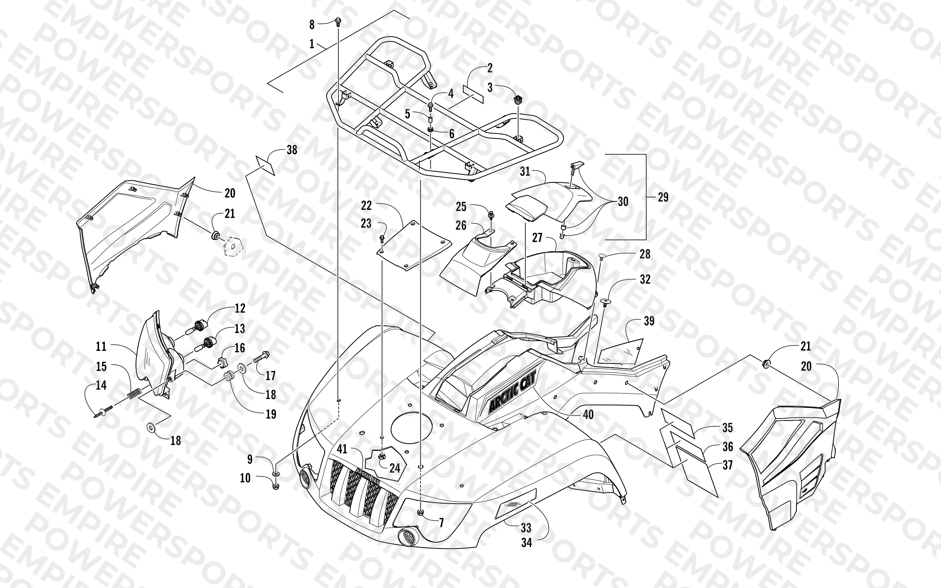FRONT RACK, BODY PANEL, AND HEADLIGHT ASSEMBLIES