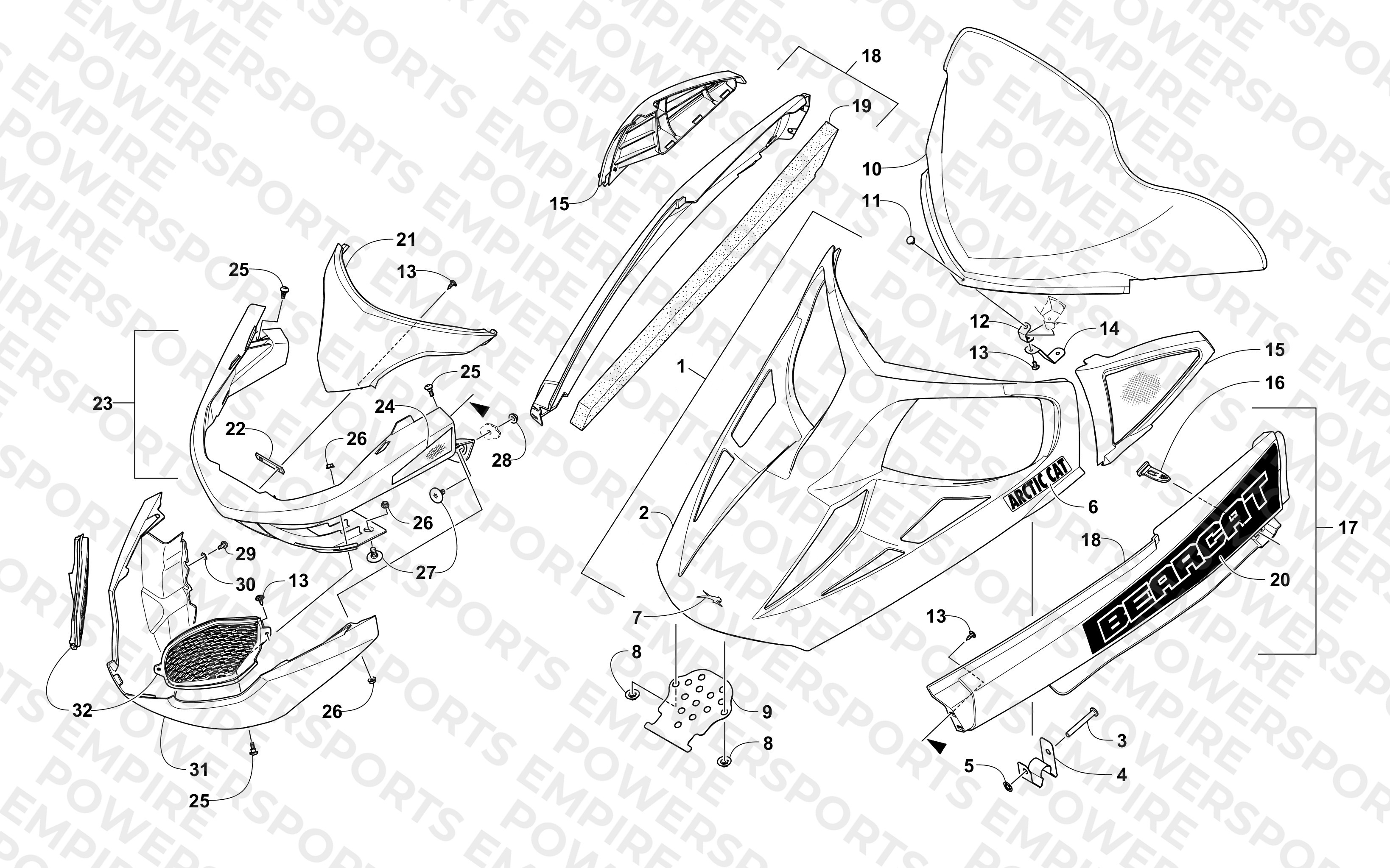 HOOD, WINDSHIELD, AND FRONT BUMPER ASSEMBLY
