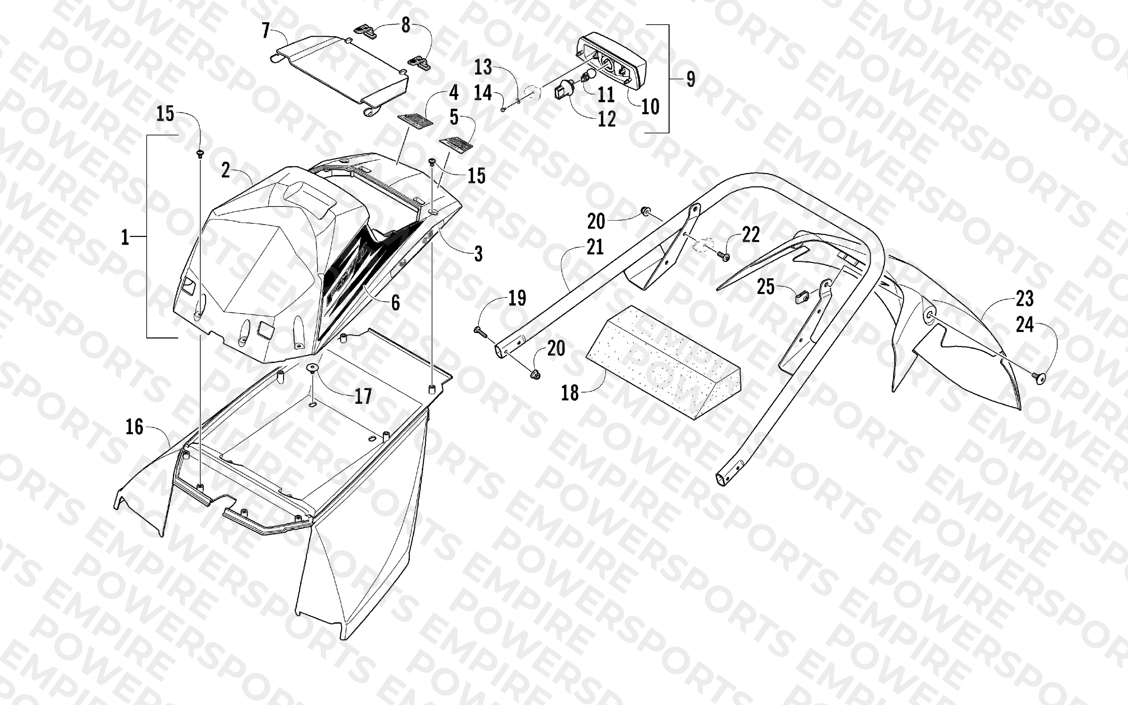 REAR BUMPER, STORAGE BOX, SNOWFLAP, AND TAILLIGHT ASSEMBLY