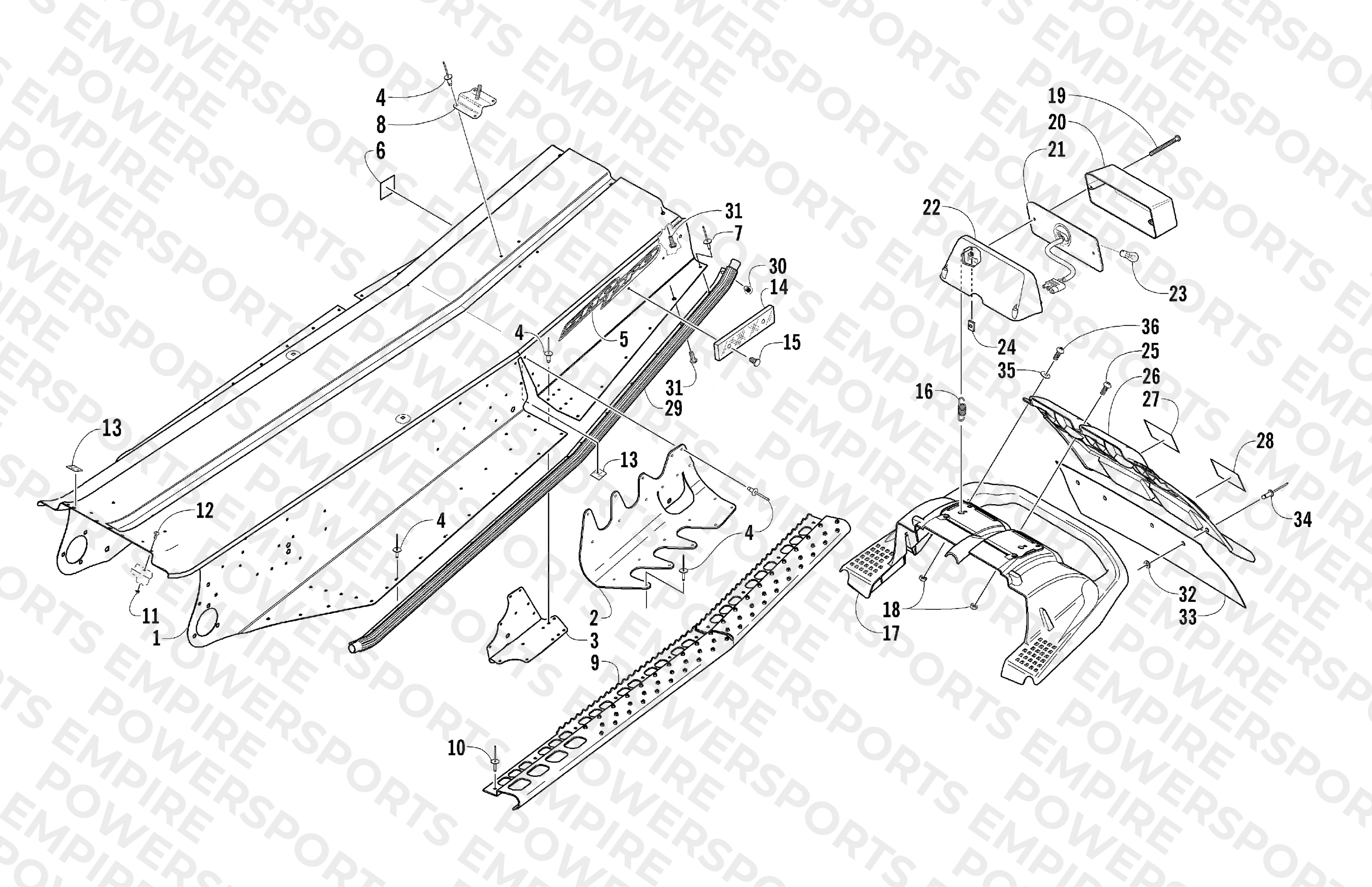 TUNNEL, REAR BUMPER, AND TAILLIGHT ASSEMBLIES