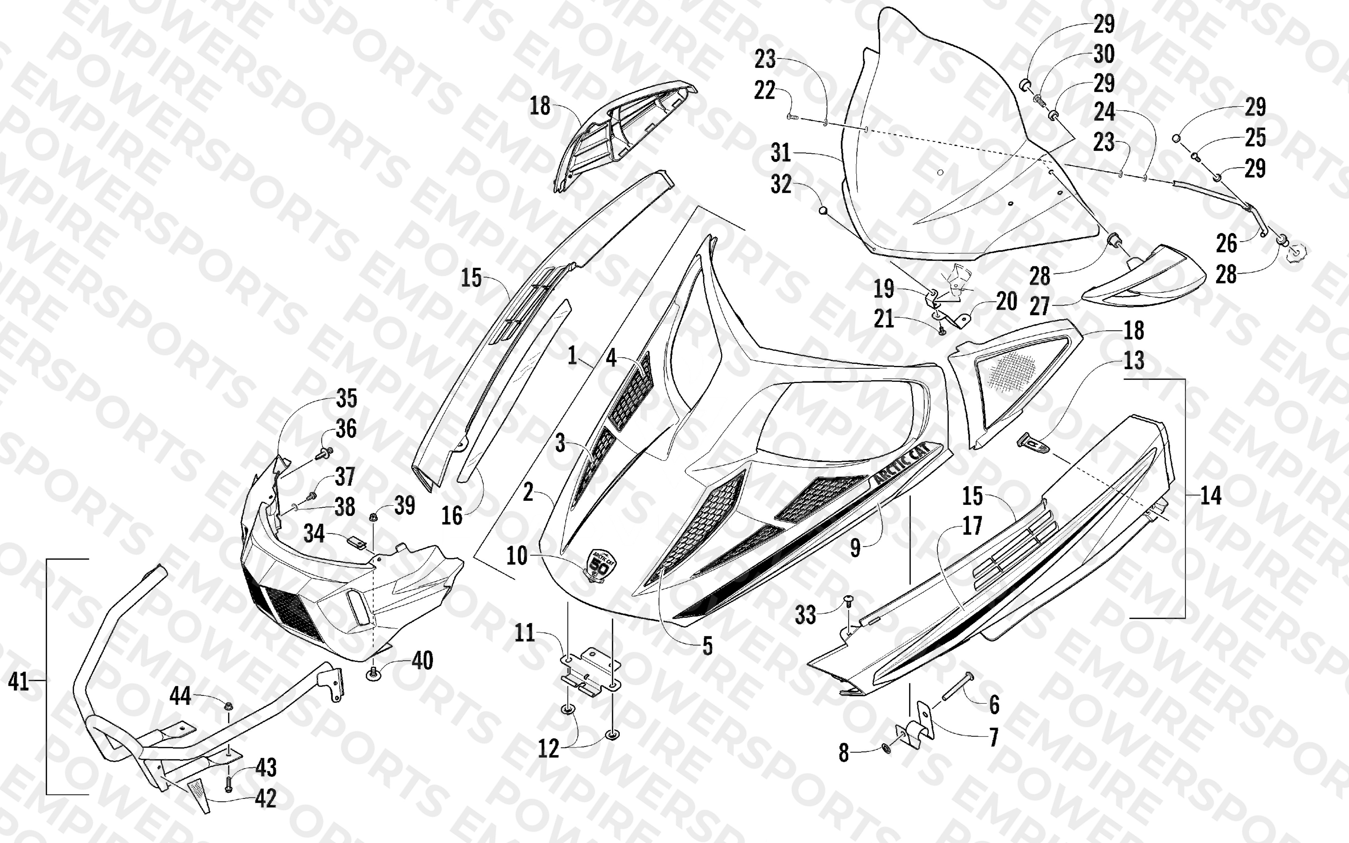 HOOD, WINDSHIELD, AND FRONT BUMPER ASSEMBLY