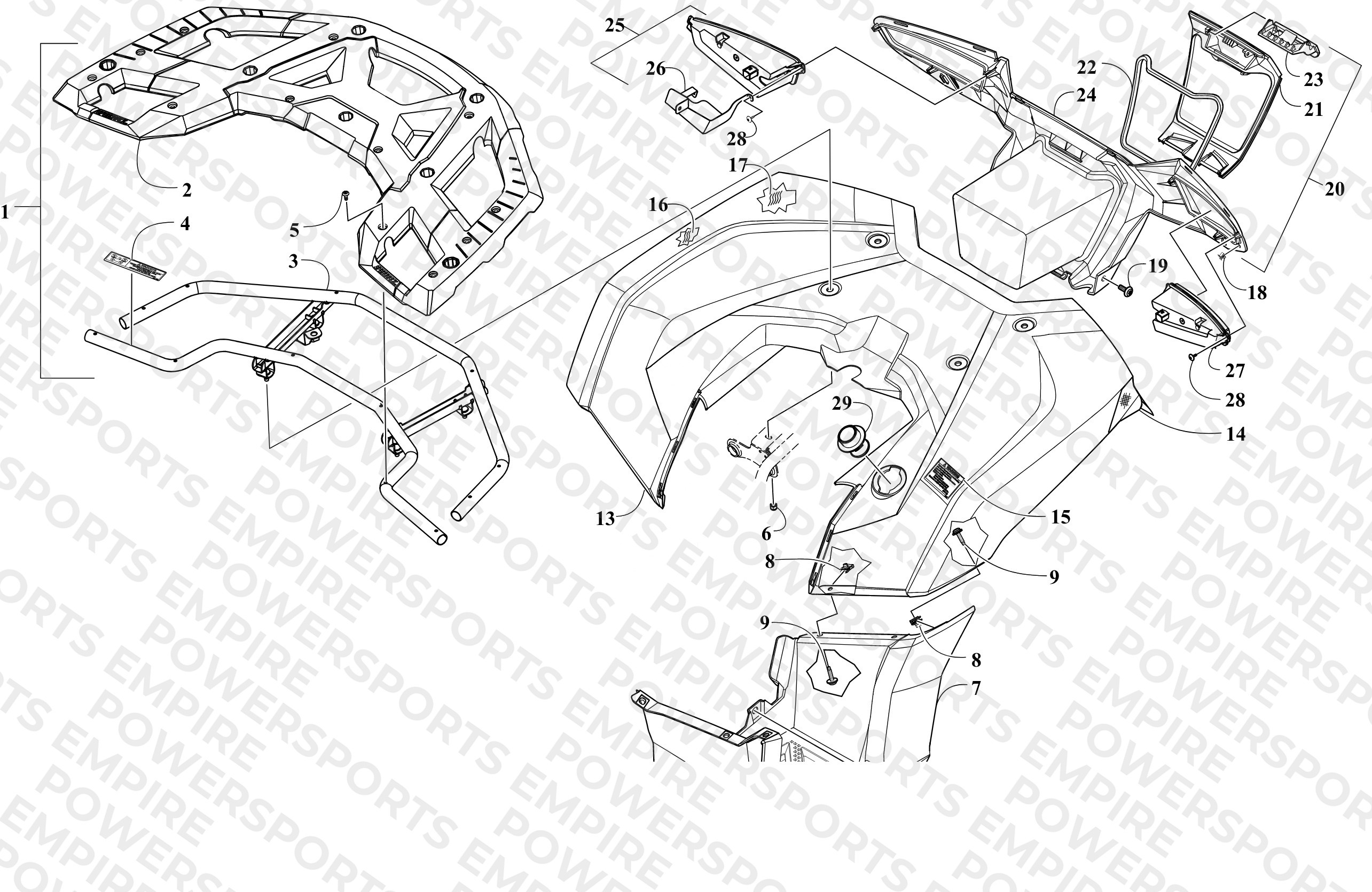 REAR RACK, BODY PANEL, FOOTWELL AND TAILLIGHT ASSEMBLIES