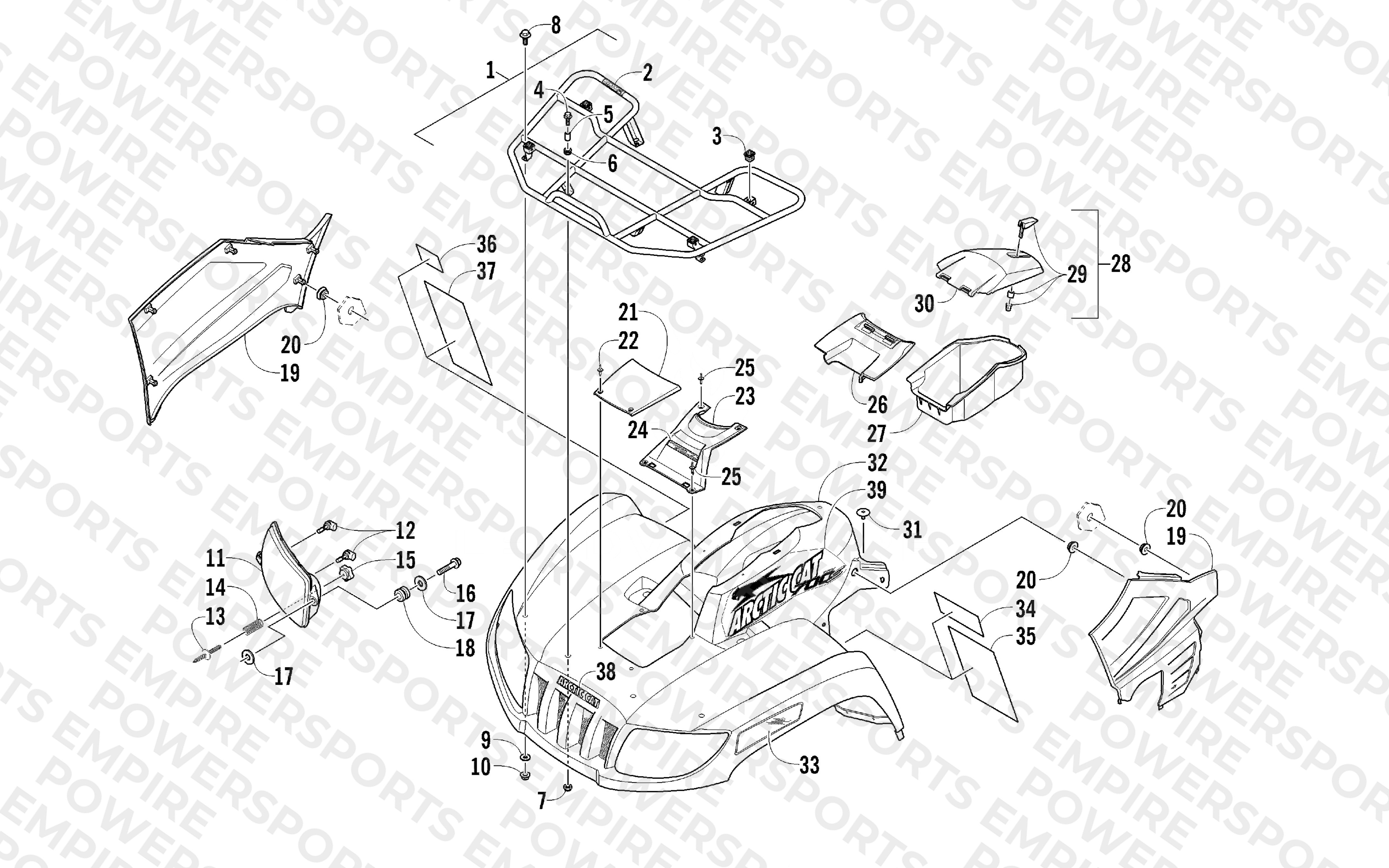 FRONT RACK, BODY PANEL, AND HEADLIGHT ASSEMBLIES