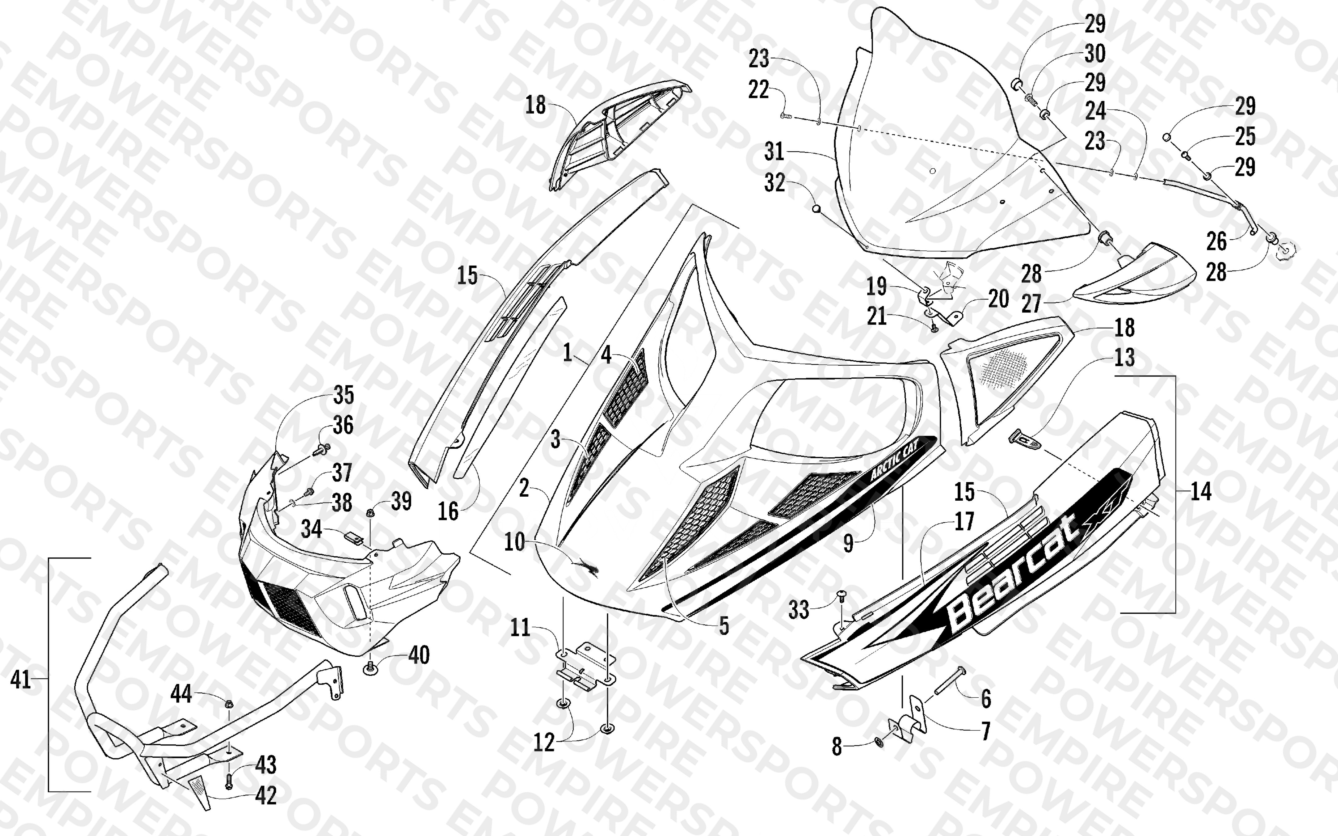 HOOD, WINDSHIELD, AND FRONT BUMPER ASSEMBLY