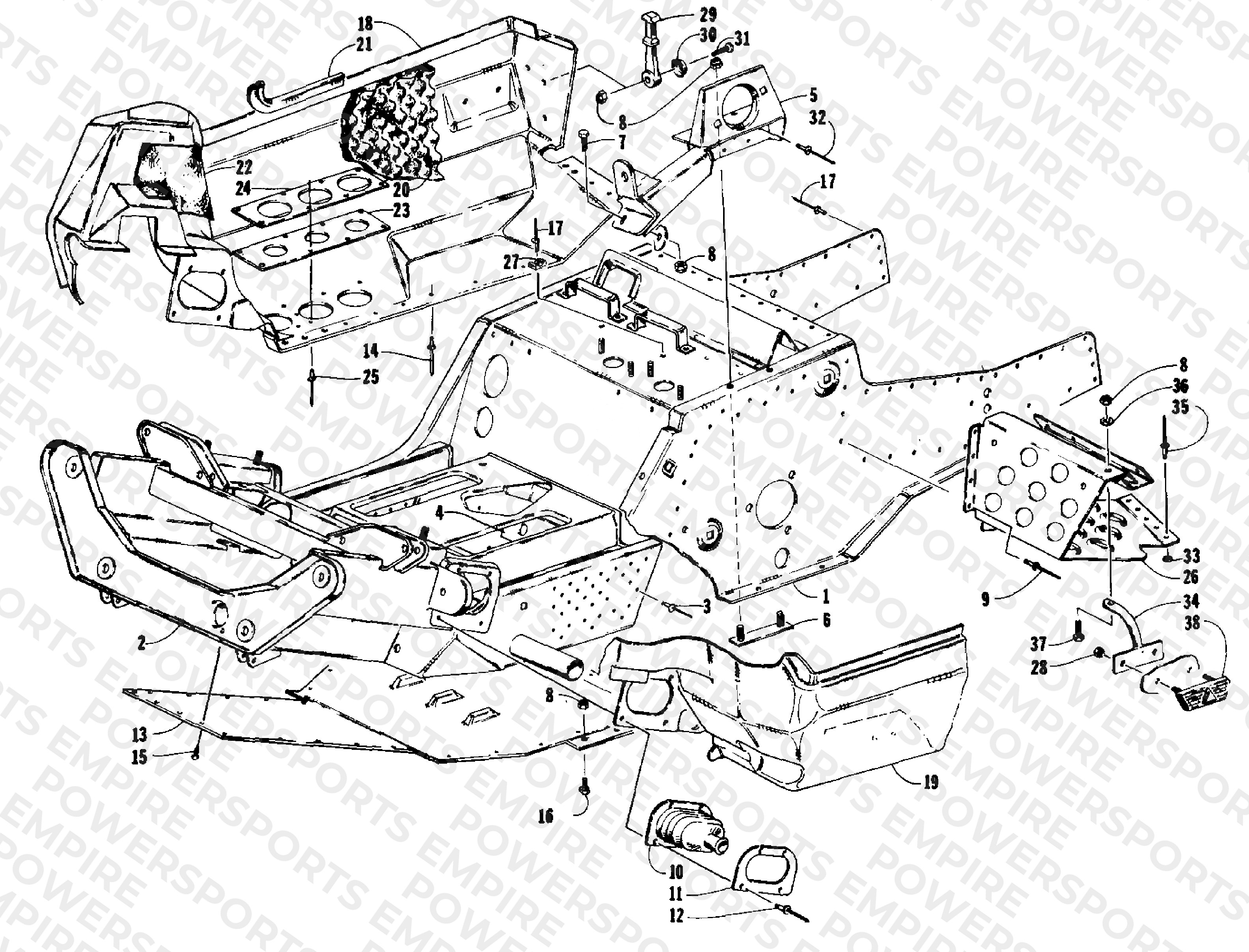 FRONT FRAME, BELLY PAN AND FOOTREST ASSEMBLY