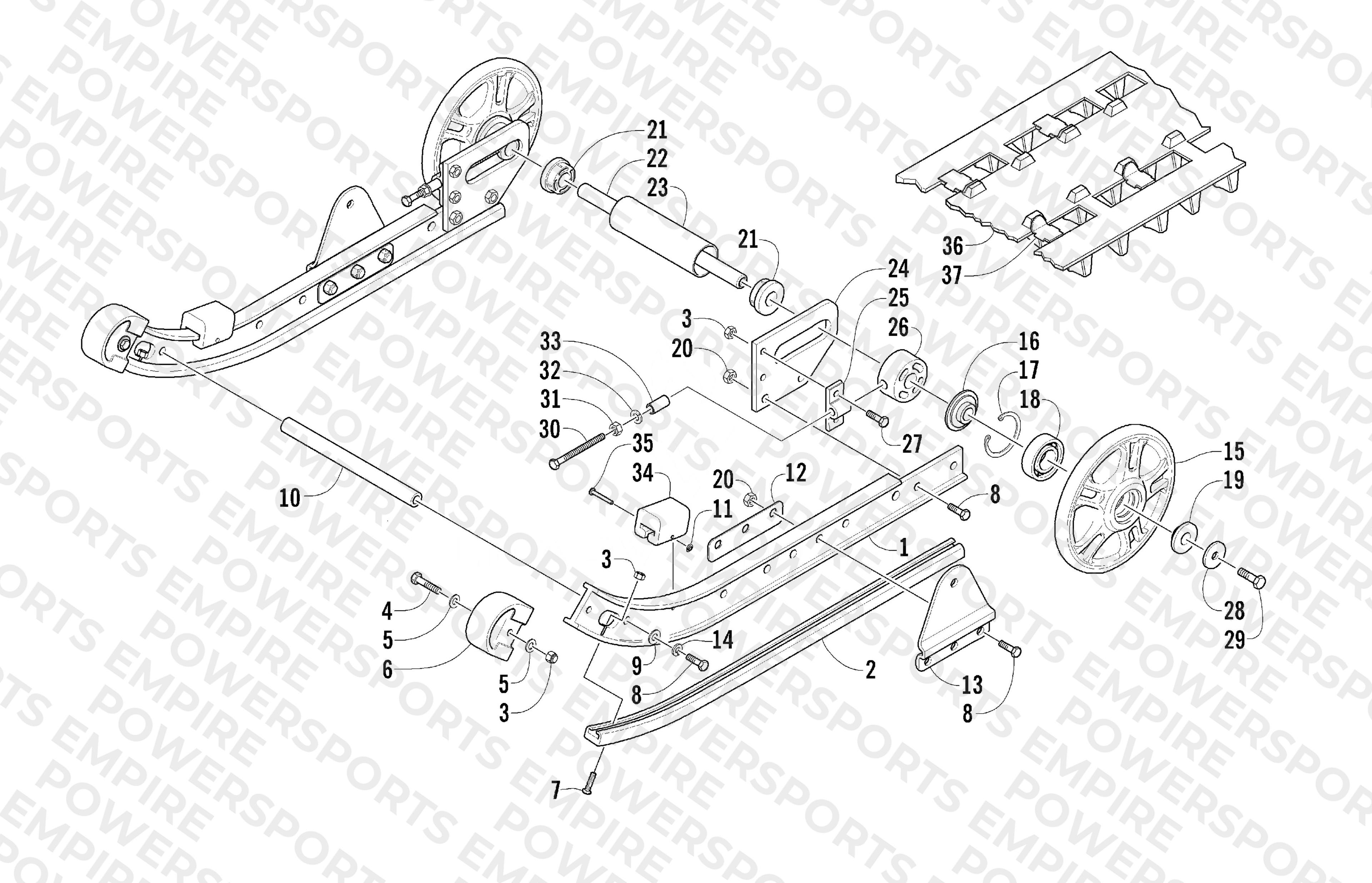 SLIDE RAIL, IDLER WHEELS, AND TRACK ASSEMBLY