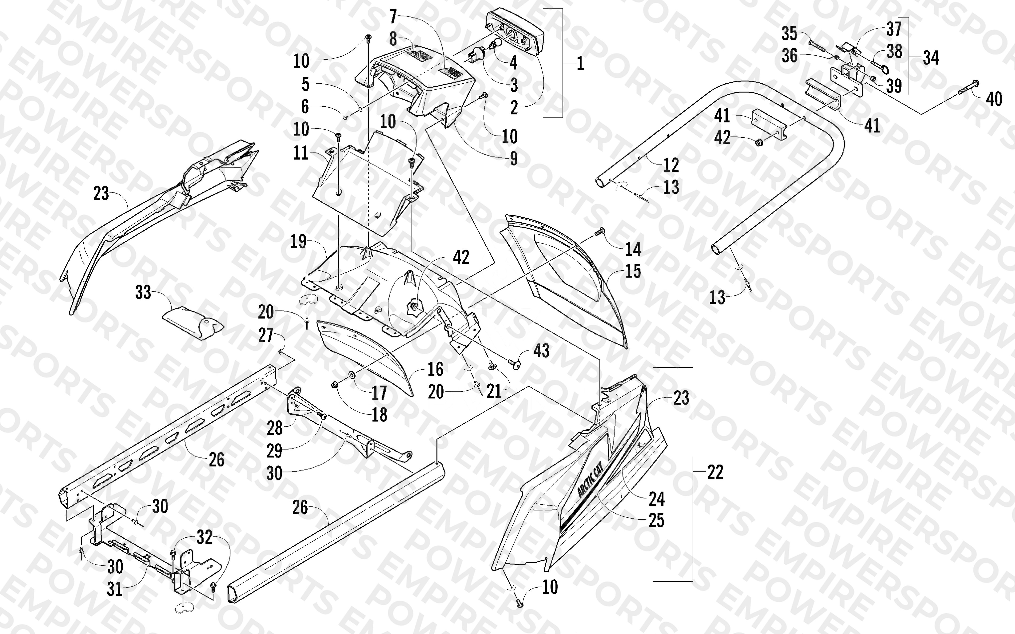 REAR BUMPER, HITCH, RACK RAIL, SNOWFLAP, AND TAILLIGHT ASSEMBLY