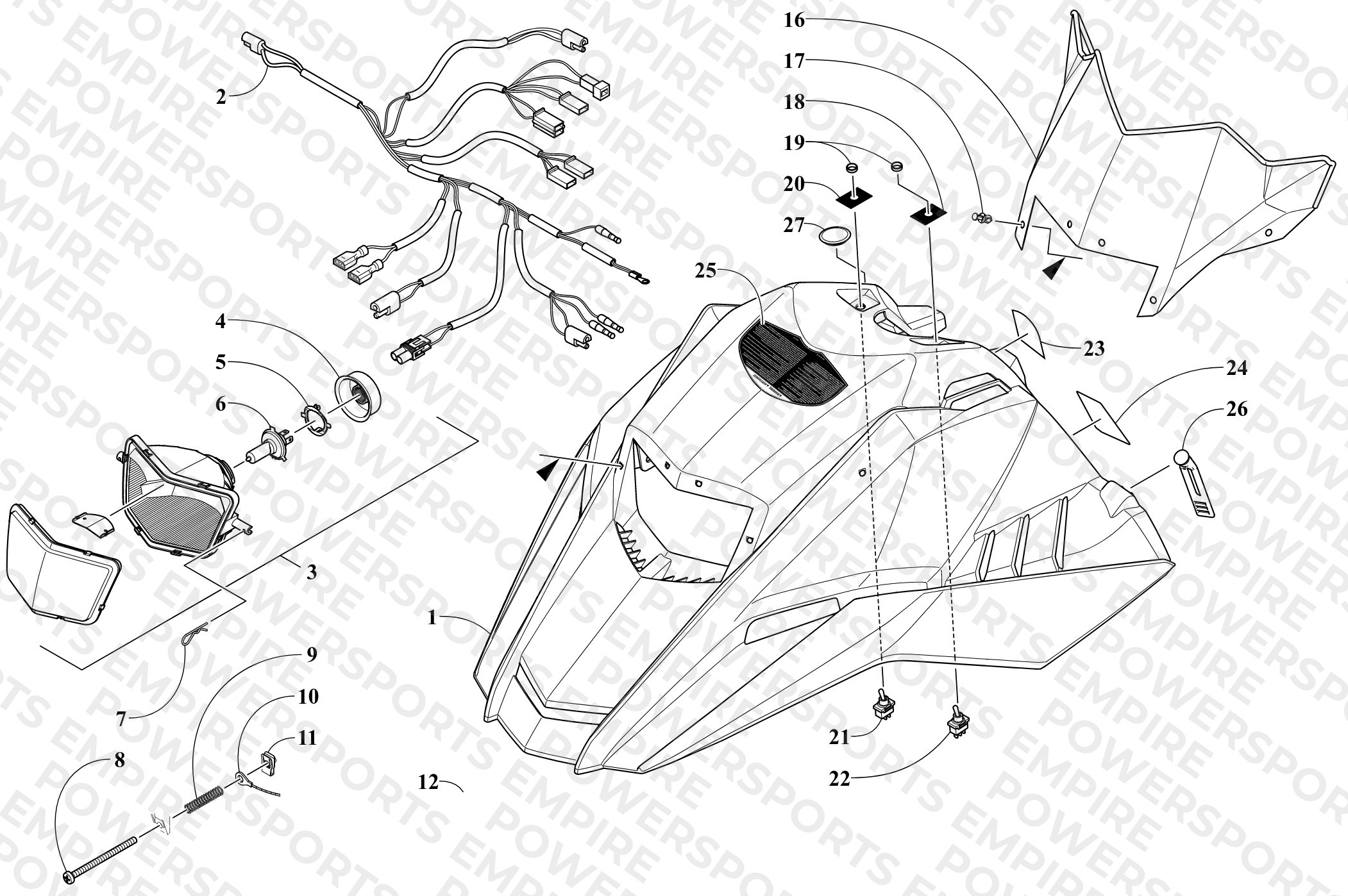 HOOD, HEADLIGHT, AND WINDSHIELD ASSEMBLY