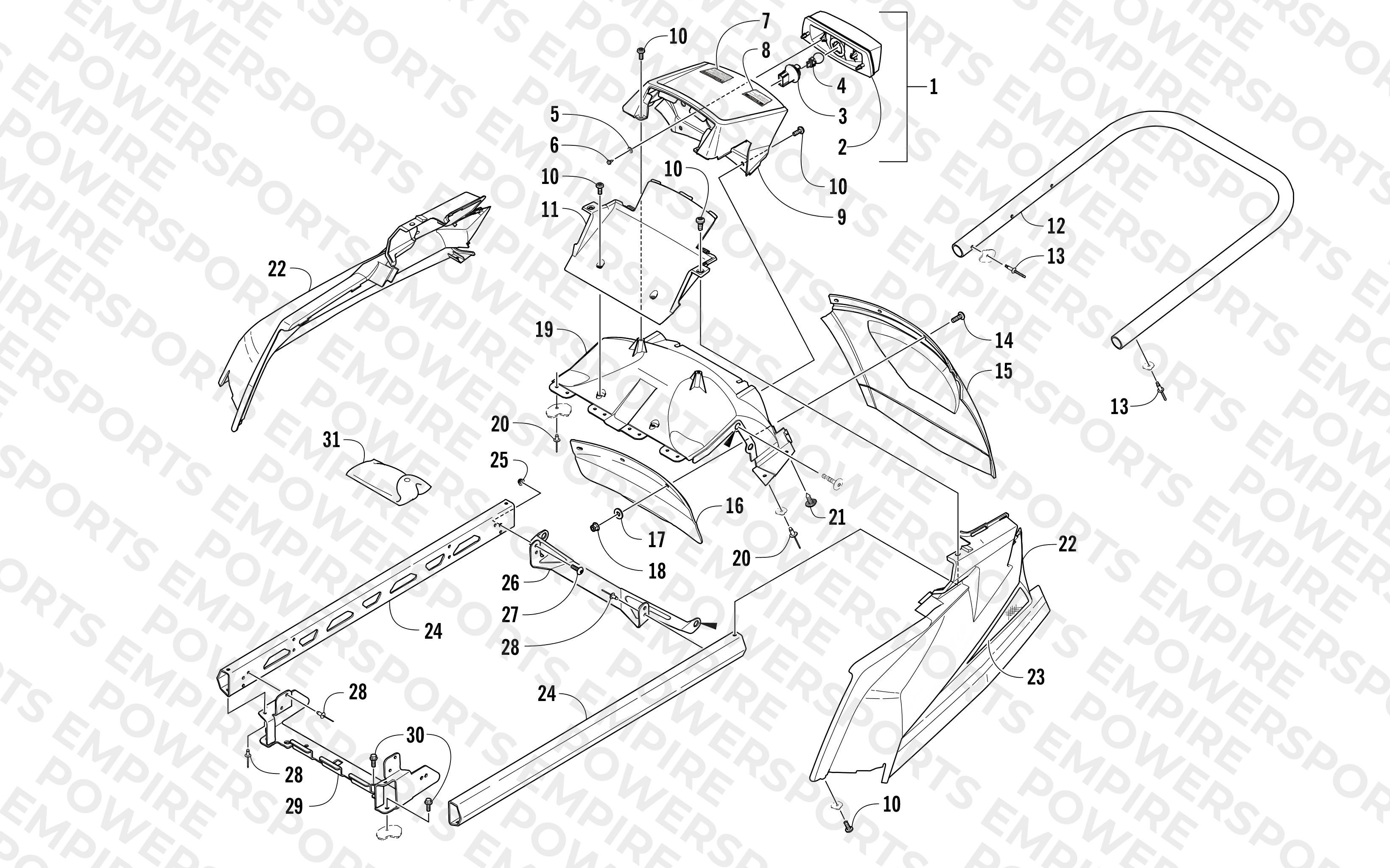 REAR BUMPER, RACK RAIL, SNOWFLAP, AND TAILLIGHT ASSEMBLY