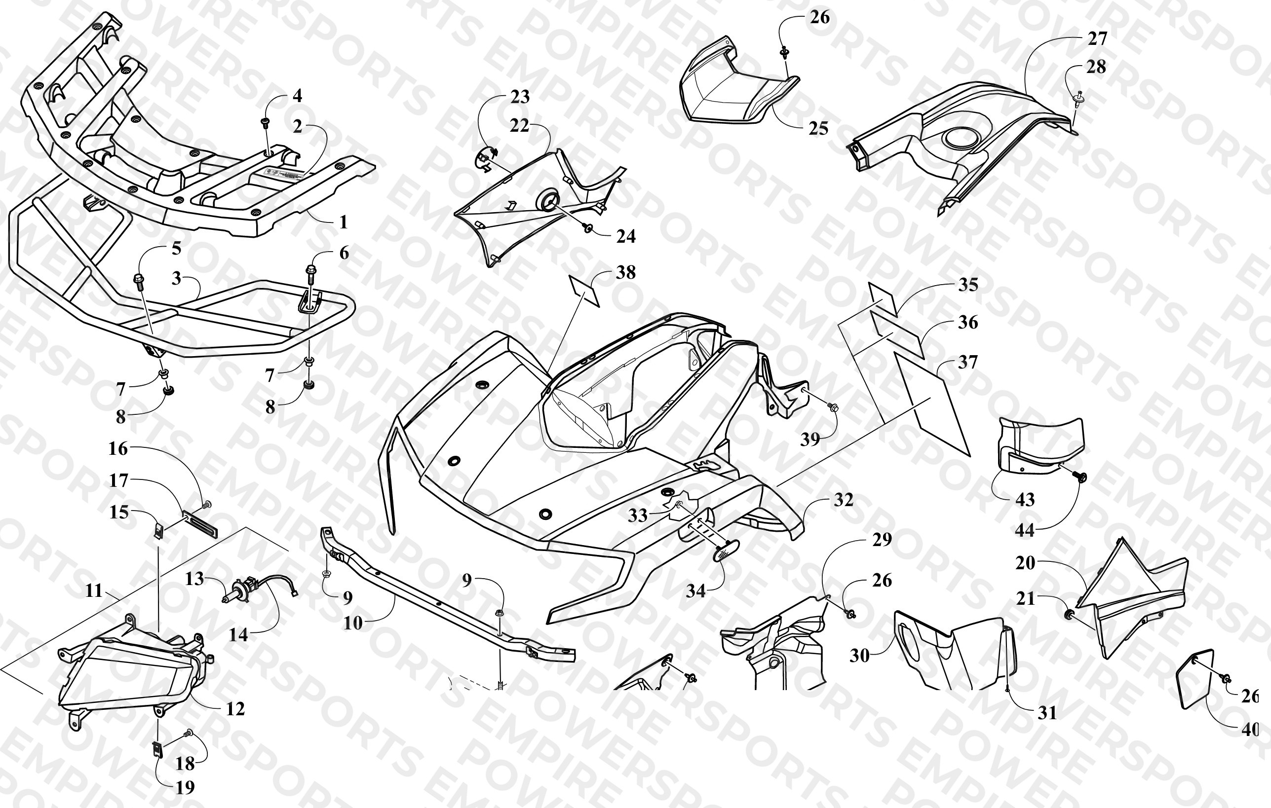 FRONT BODY, RACK, AND HEADLIGHT ASSEMBLY