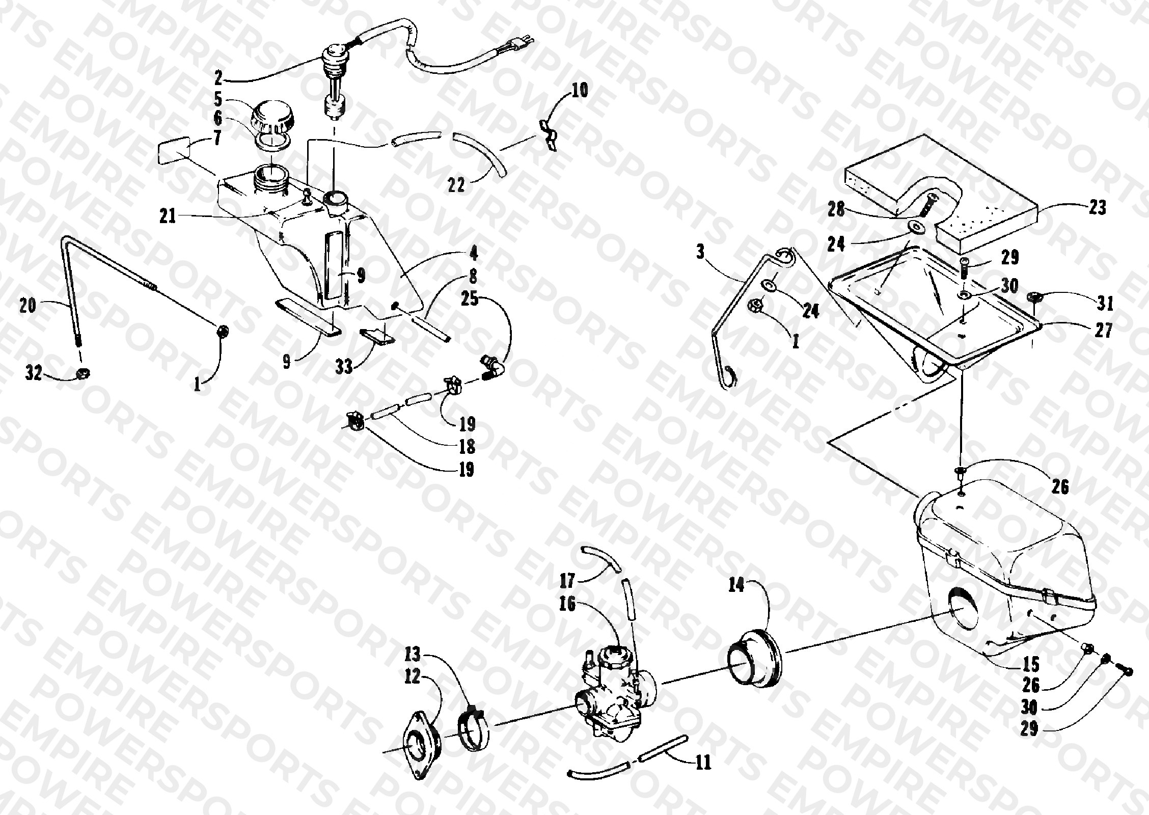 OIL TANK, CARBURETOR, AND SILENCER ASSEMBLIES