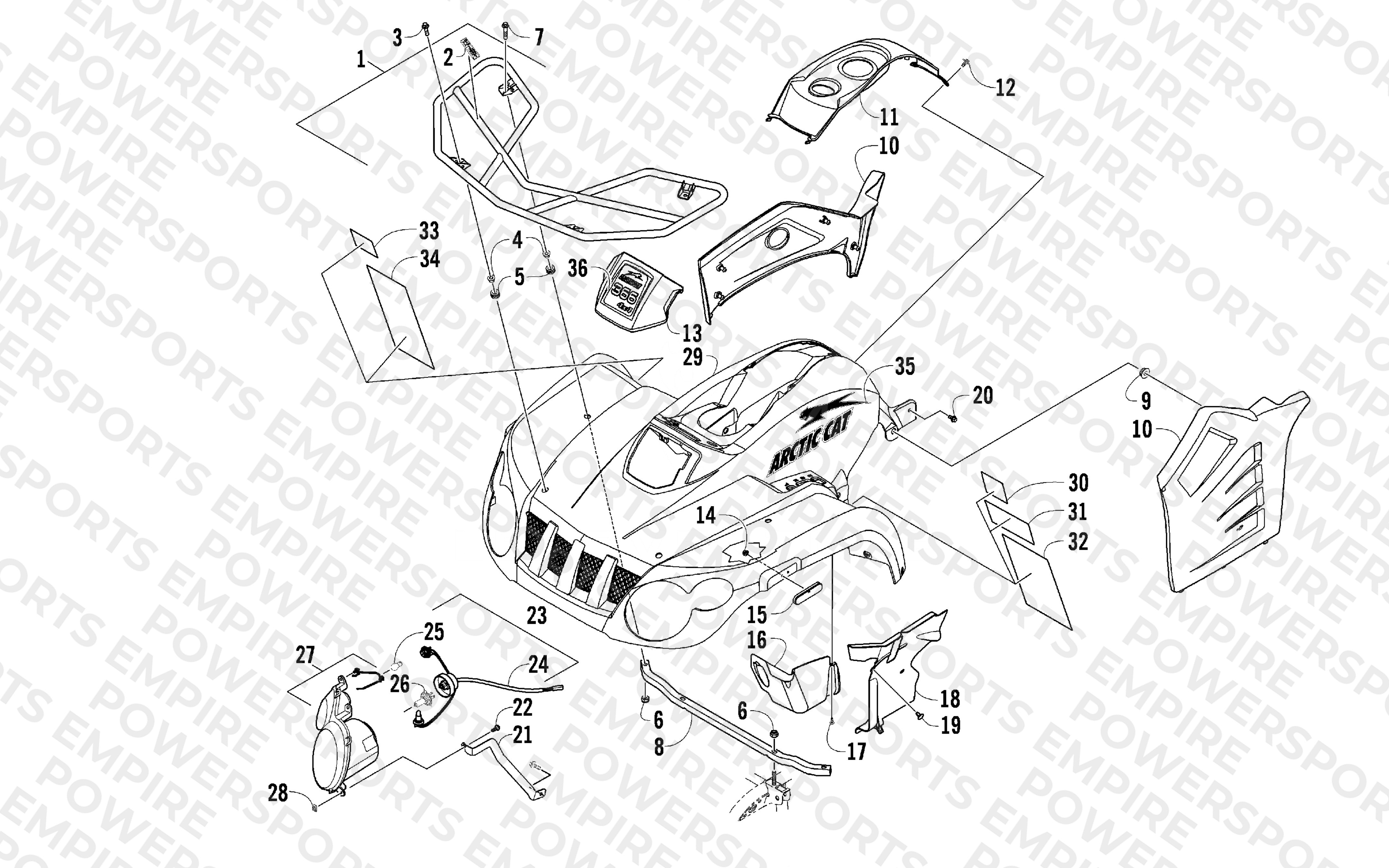 FRONT BODY, RACK, AND HEADLIGHT ASSEMBLY