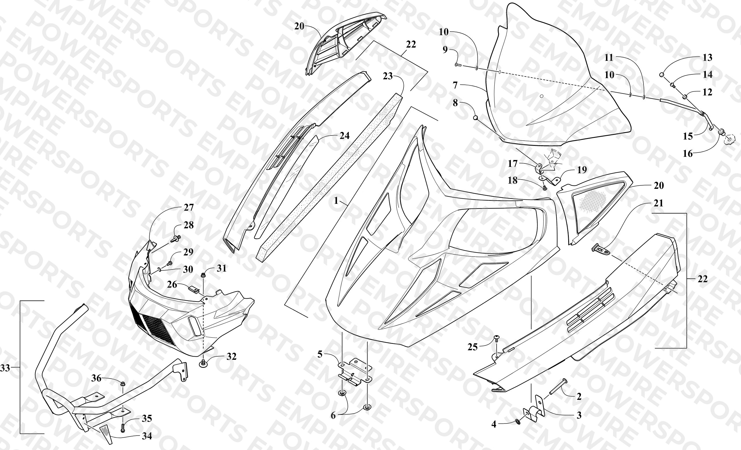 HOOD, WINDSHIELD, AND FRONT BUMPER ASSEMBLY