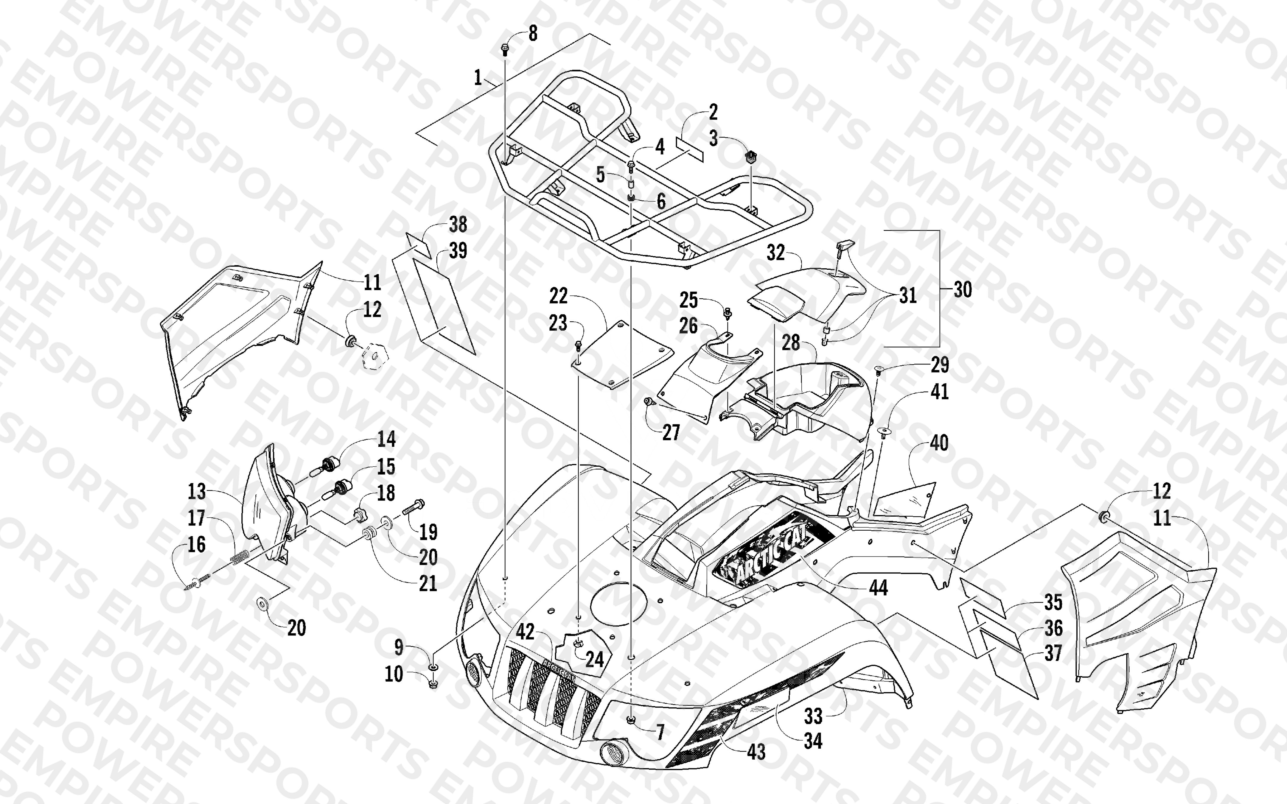 FRONT RACK, BODY PANEL, AND HEADLIGHT ASSEMBLIES