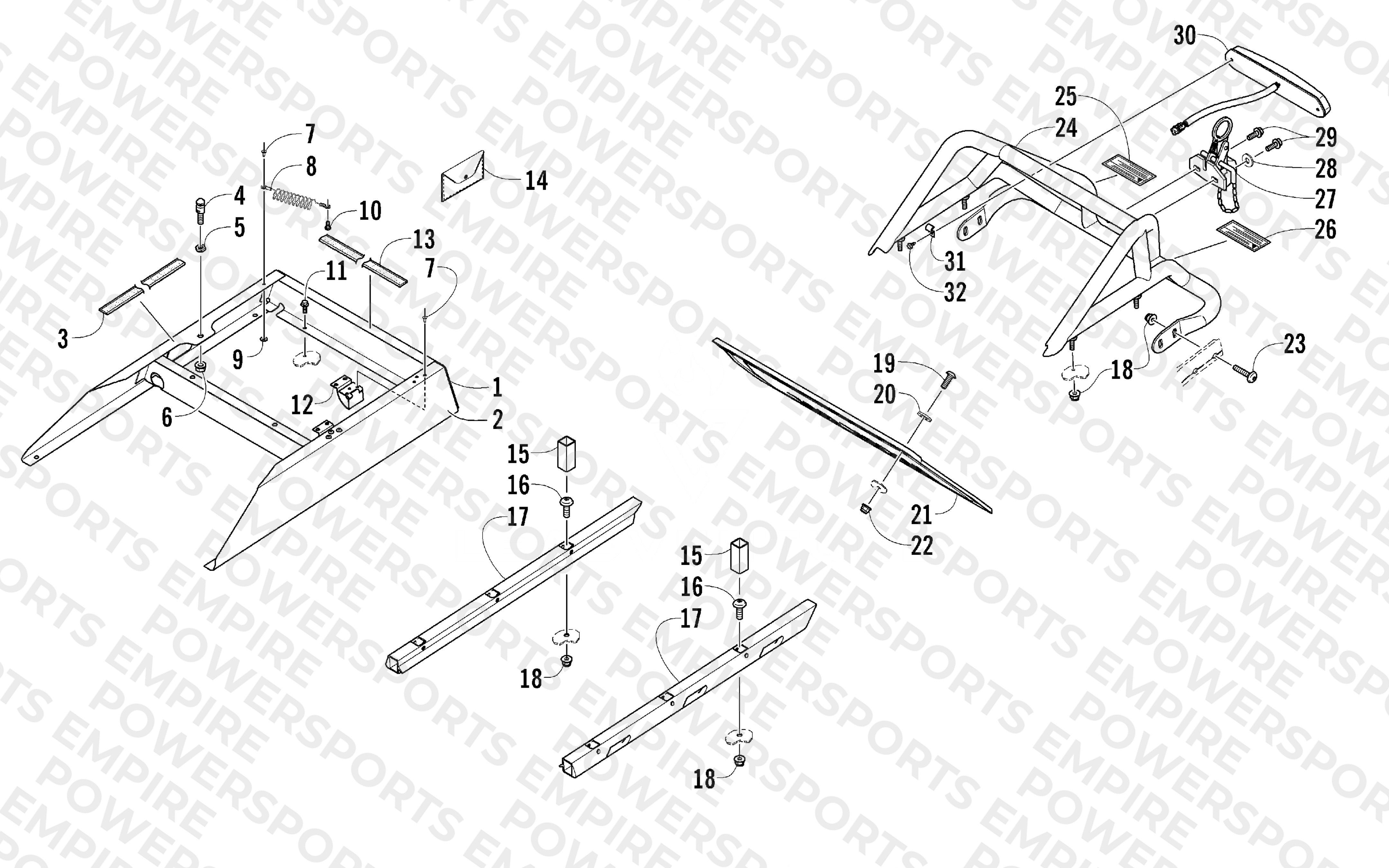 REAR BUMPER, RACK RAIL, SNOWFLAP, AND TAILLIGHT ASSEMBLY