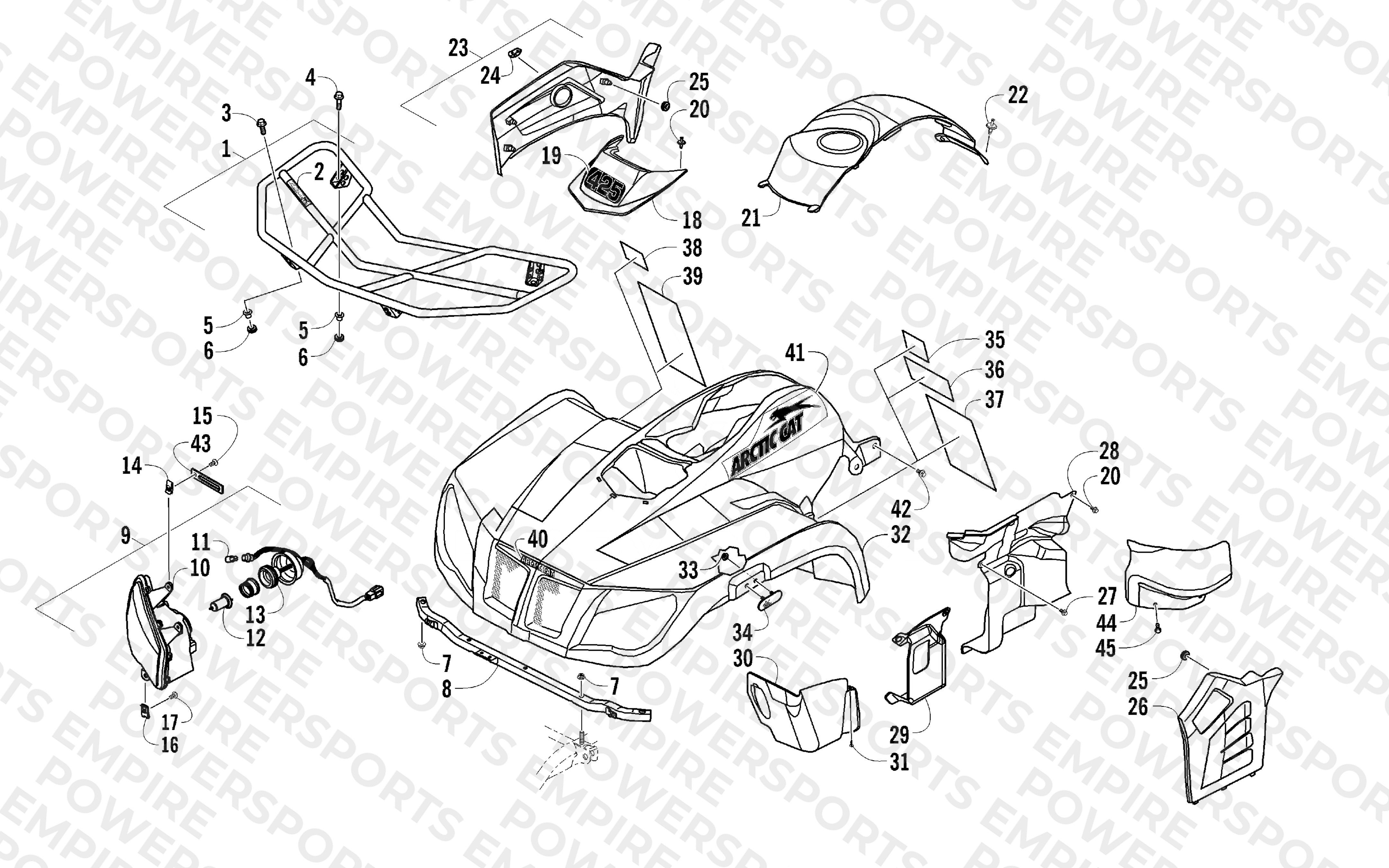 FRONT RACK, BODY PANEL, AND HEADLIGHT ASSEMBLIES