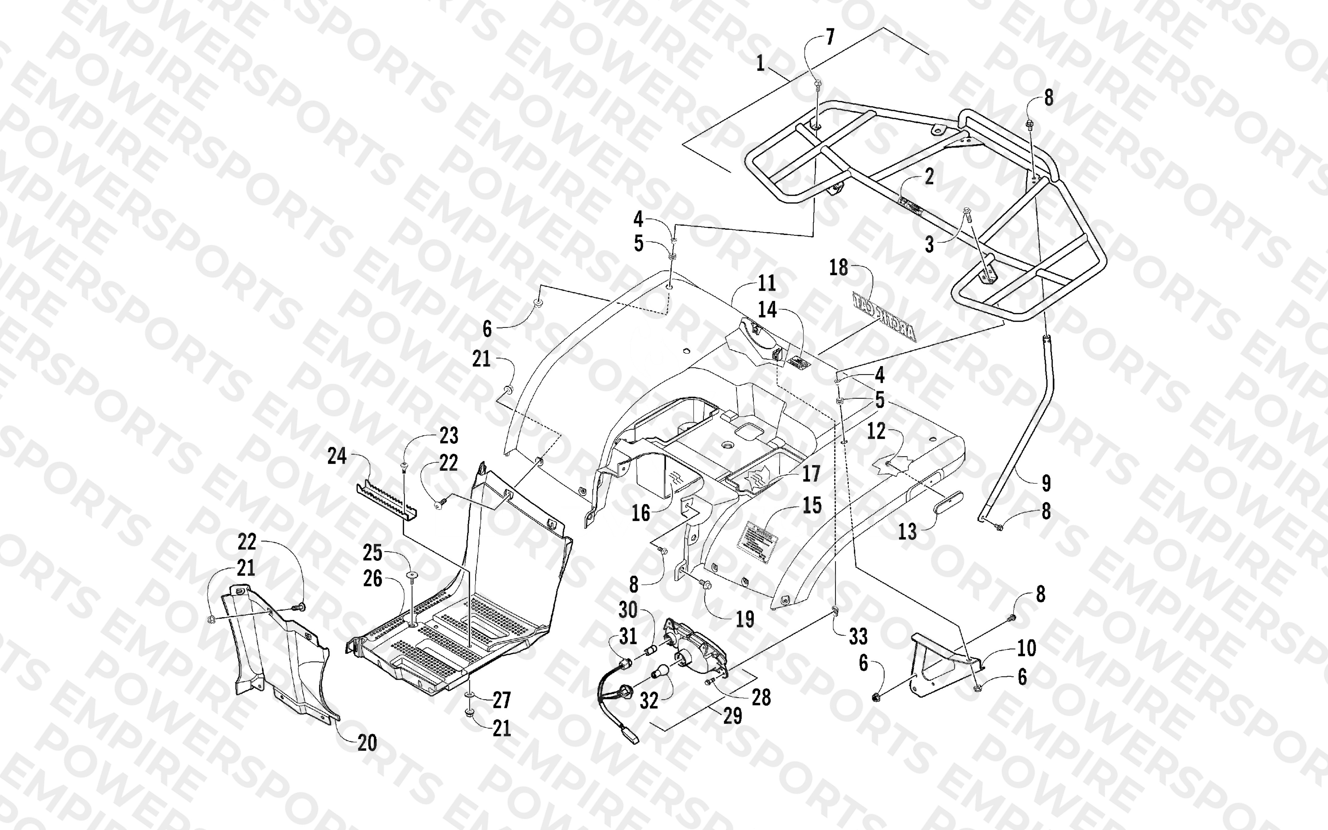 REAR BODY, RACK, AND TAILLIGHT ASSEMBLY