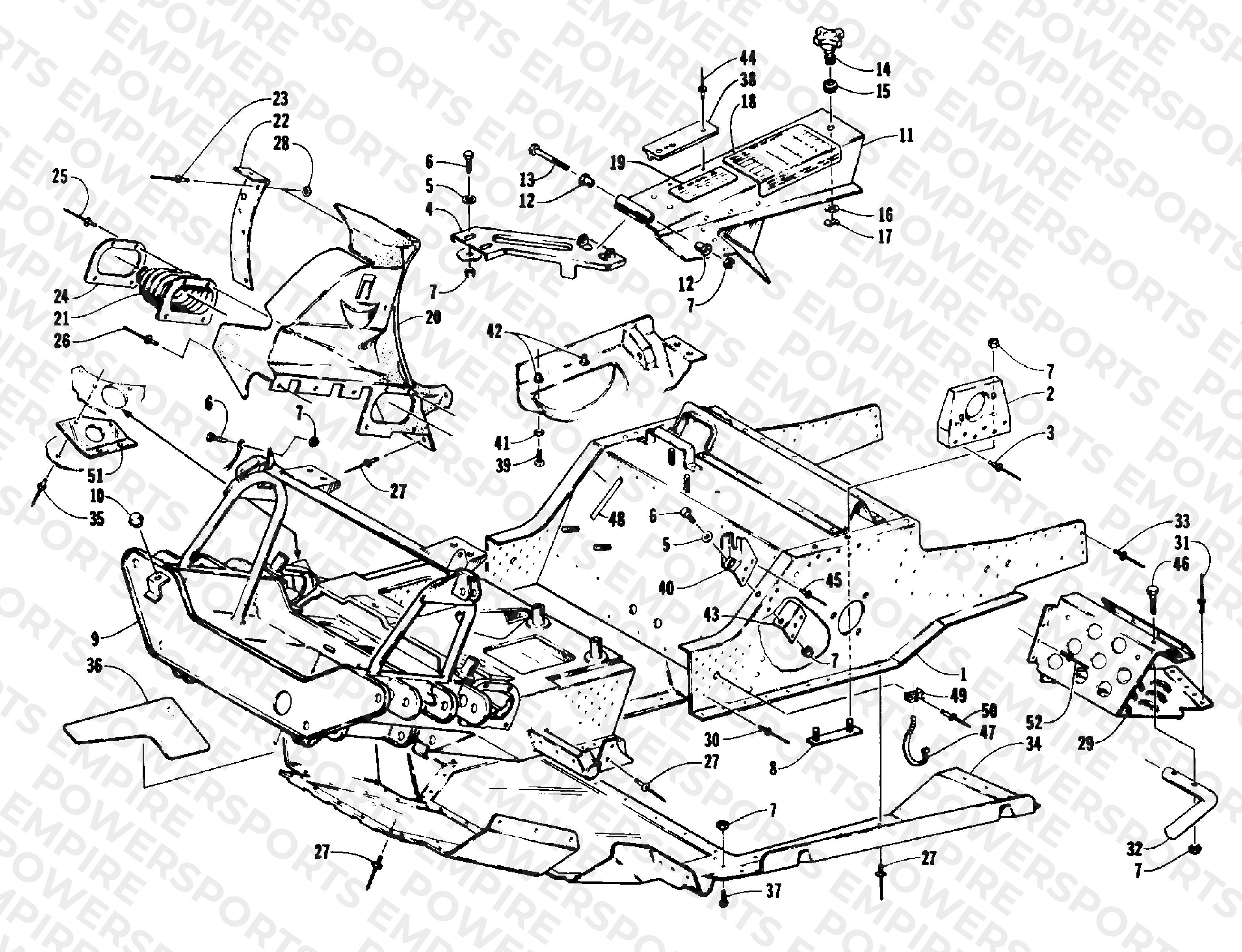 FRONT FRAME, BELLY PAN AND FOOTREST ASSEMBLY