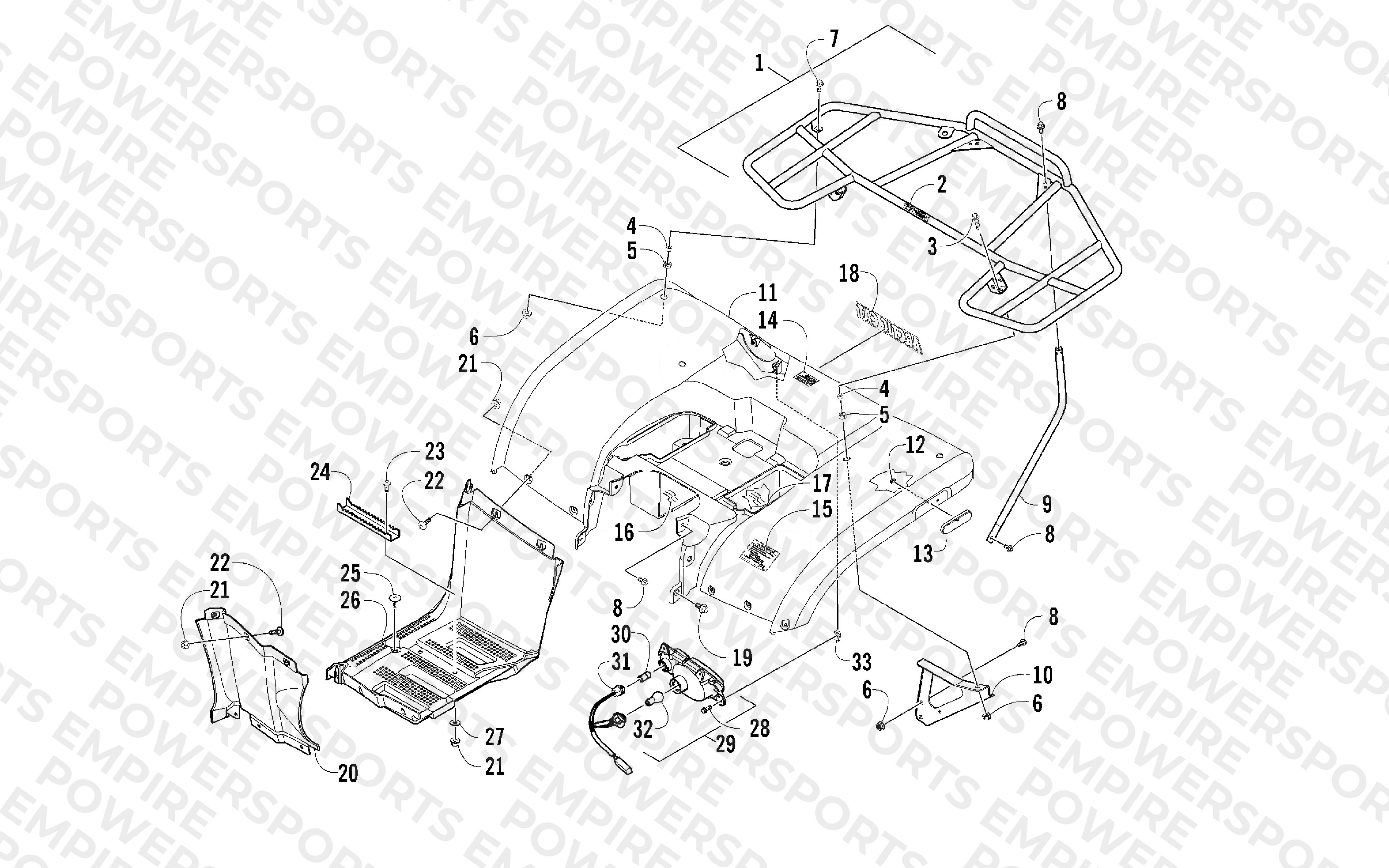 REAR BODY, RACK, AND TAILLIGHT ASSEMBLY