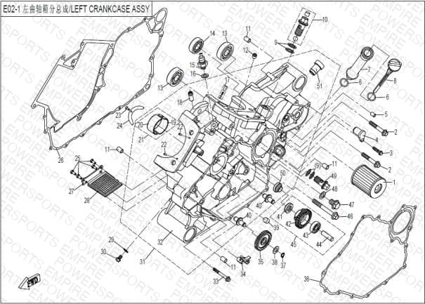 E02 — LEFT CRANKCASE ASSY