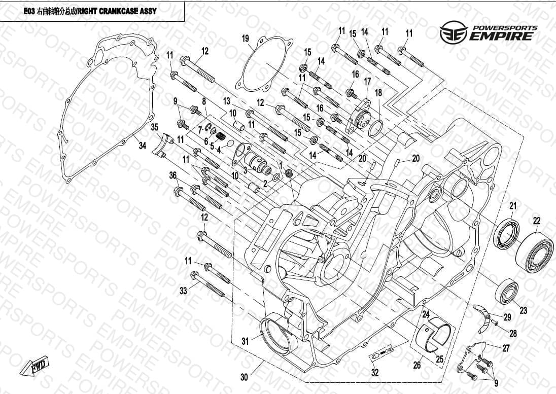 E03 — RIGHT CRANKCASE ASSY