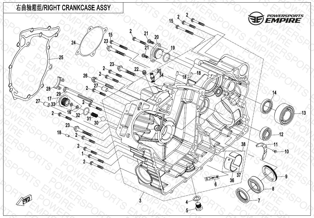 E01-2-V6 — RIGHT CRANKCASE ASSY