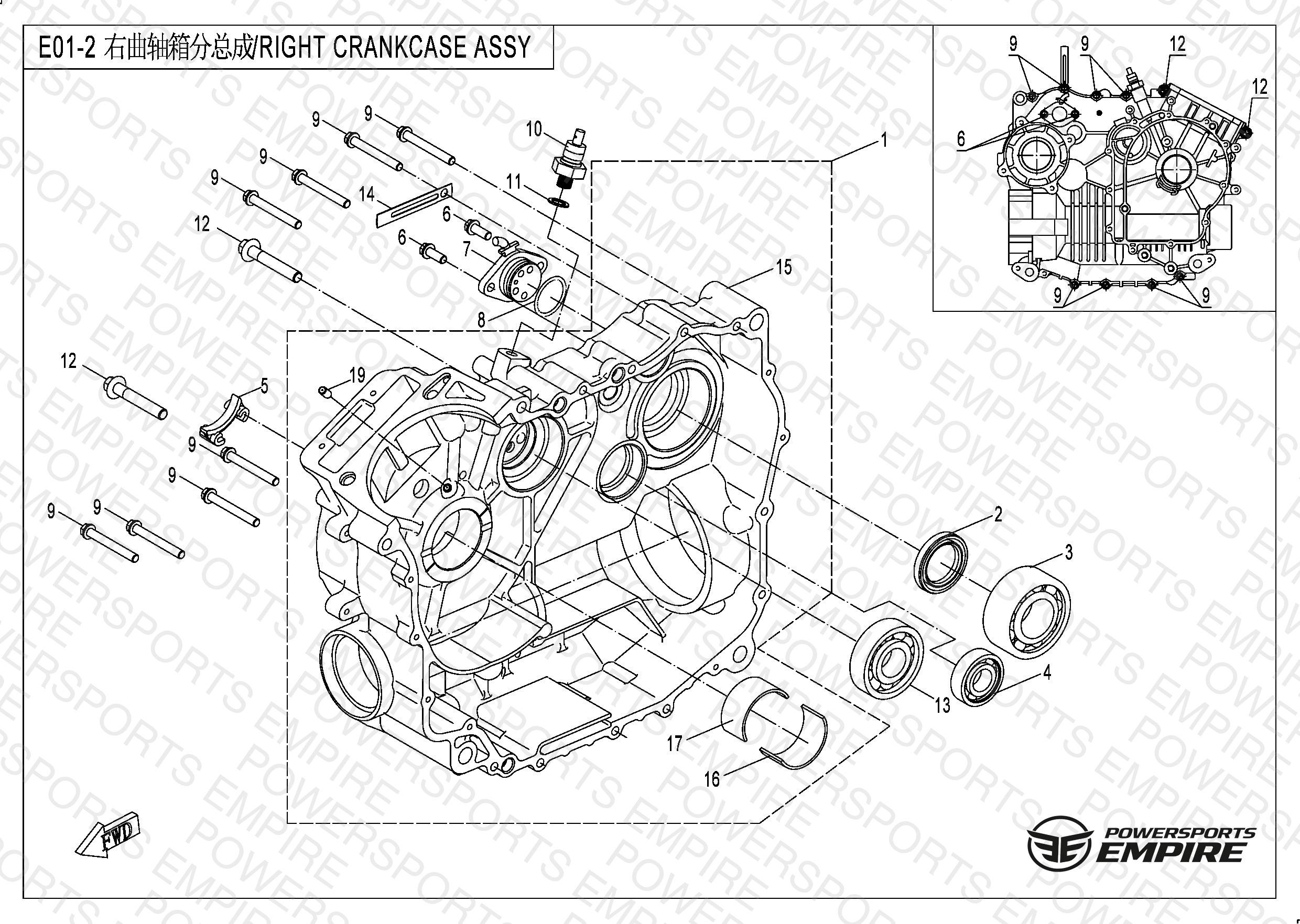 E01-2 — RIGHT CRANKCASE ASSY
