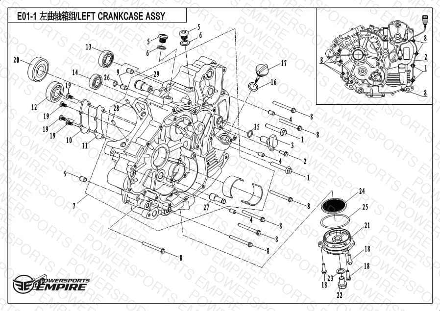 E01-1 — LEFT CRANKCASE ASSY