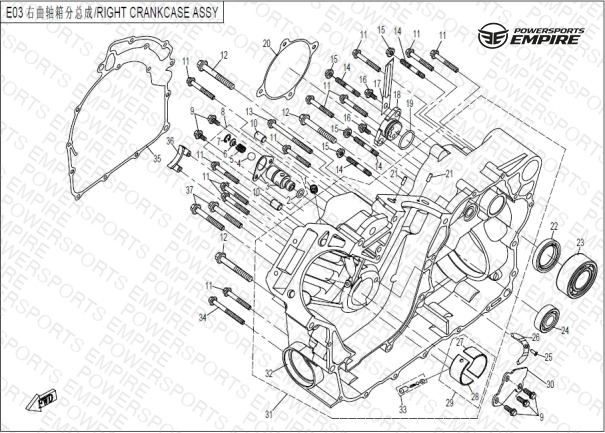 E03 — RIGHT CRANKCASE ASSY