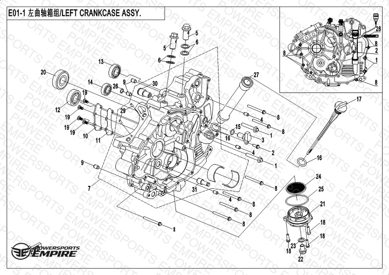 E01-1 — LEFT CRANKCASE ASSY