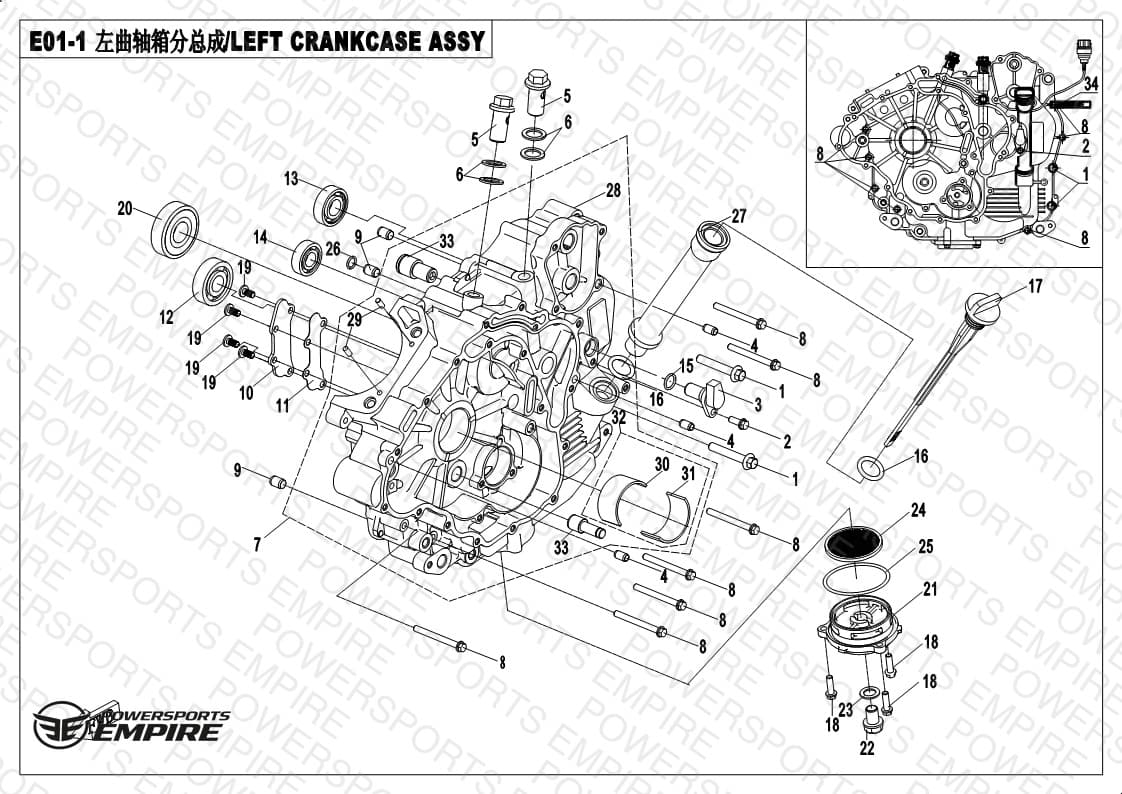 E01-1 — LEFT CRANKCASE ASSY